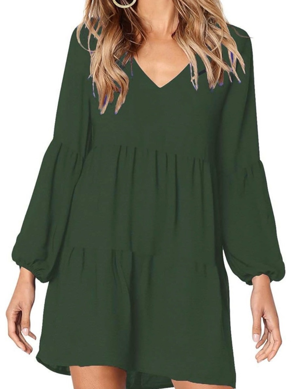 MISSLOOK Forest Green V-Neck Tiered Long Sleeve Dress